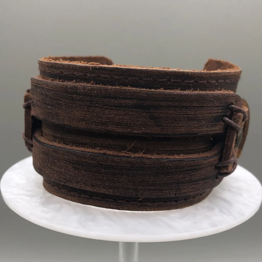 Brown leather artisan handcrafted handmade wide bracelet UNISEX New NWOT